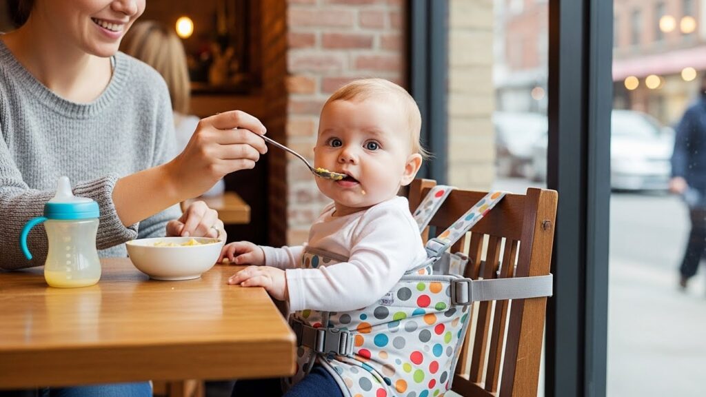 A parent using a portable fabric high chair harness