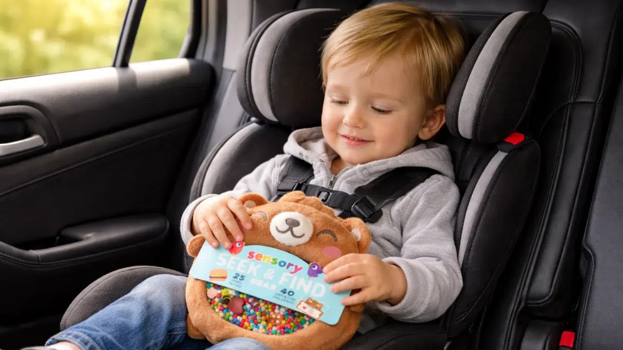 Travel Toys Toddler playing with sensory bear toy