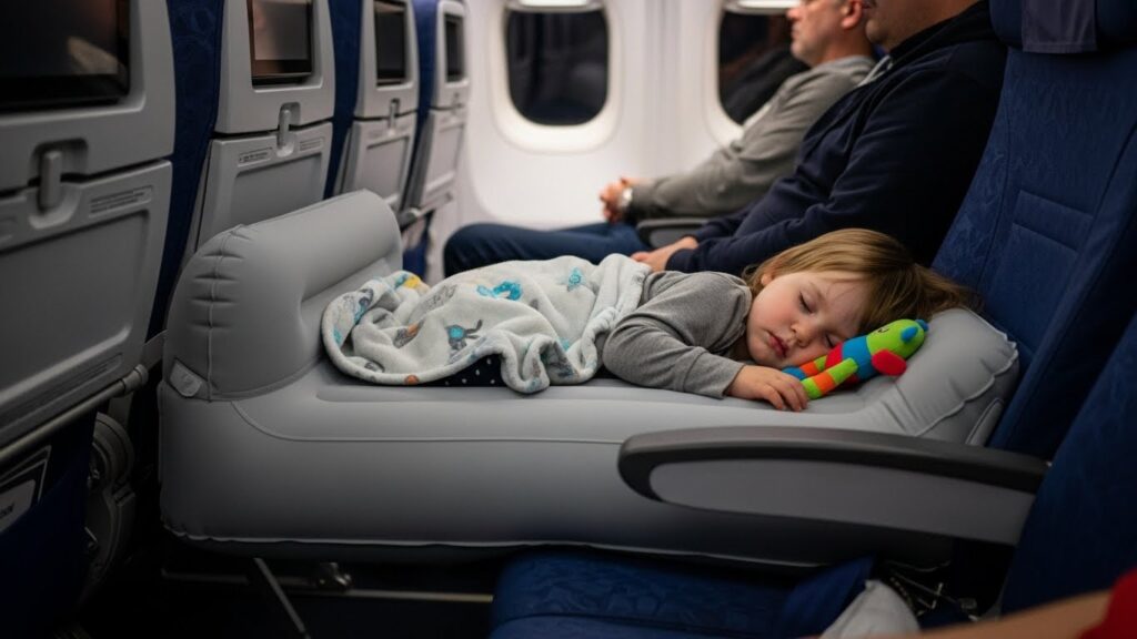 a toddler sleeping soundly on an airplane seat