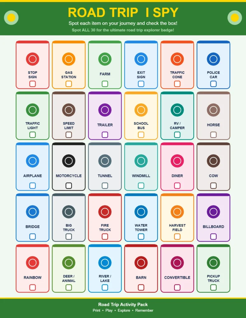 30-Item Printable Travel Activity Sheet for Car Rides