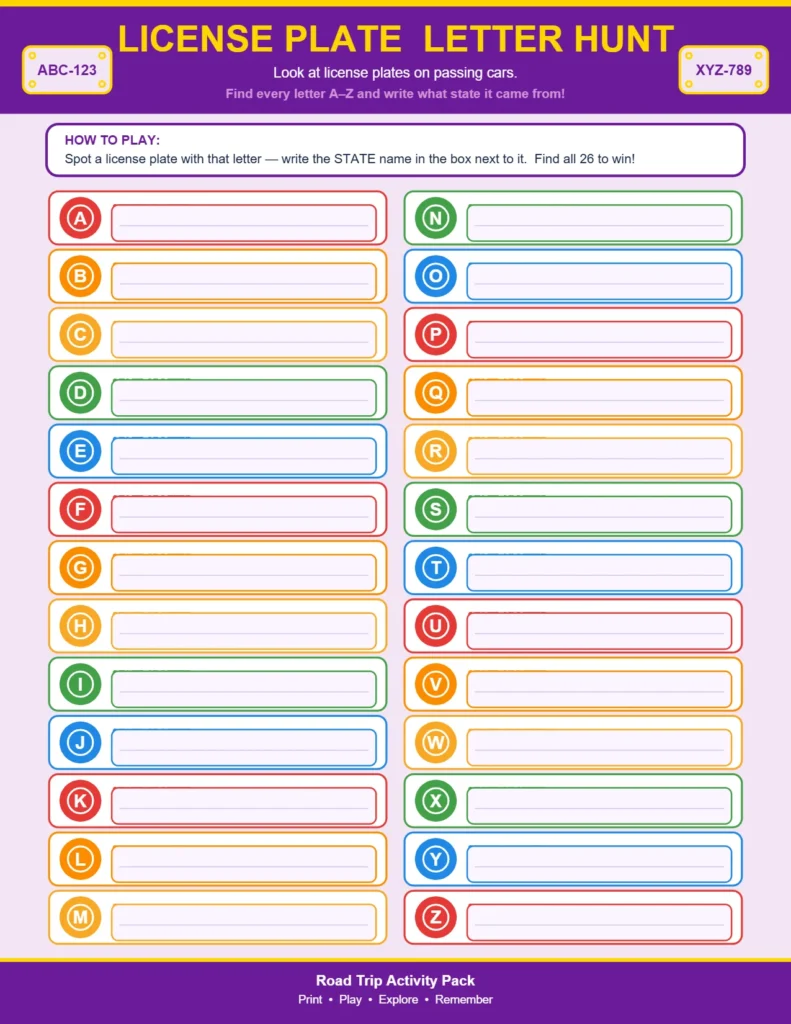 Free Printable Alphabet Game for Long Car Rides