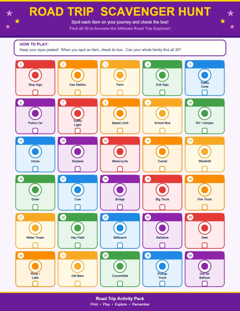 Road Trip Scavenger Hunt Printable