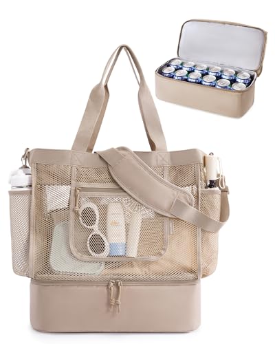 BAGSMART Beach Bag for Women, Mesh Tote Bags with Zipper, Sandproof Vacation Essentials with Cooler for Swim Cruise Pool, Camel
