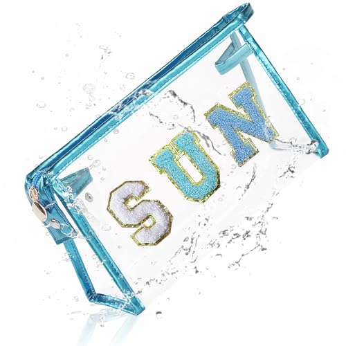 Clear Sunscreen Makeup Bag Beach Vacation Essentials Waterproof Summer Pool Must Have Accessories for Women Teen Girls Easter Gifts, Spring Break Airplane Cruise Travel Toiletry Pouch Stuff Blue SUN