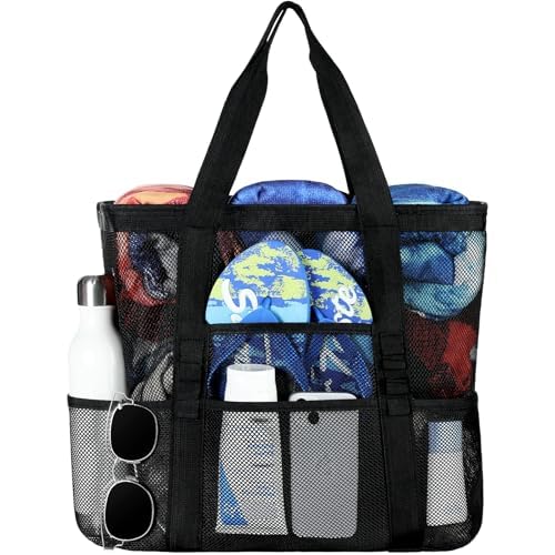 Tavaleu Beach Bag - Large Beach Bags for Women, Mesh Tote Bag with Multi Functional Pockets for Family Travel/Vacation/Swimming Gym/Storage