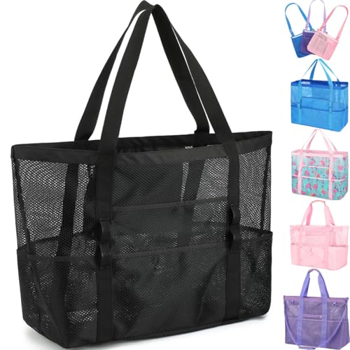 Fammart Mesh Beach Bag, Large Beach Tote with Zipper Pocket, Toys Pool Bag for Family Travel Vacation Cruise Essentials, Large - Black