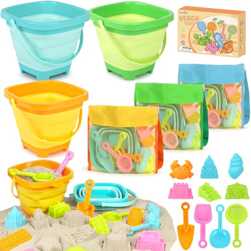 Dreamon Beach Toys for Kids 3-10, Collapsible Sand Toys Include 3 Pack Foldable Buckets with Mesh Bag, 24 PCS Beach Mold and Shovels Molds, Travel Sandbox Beach Toys for Toddler