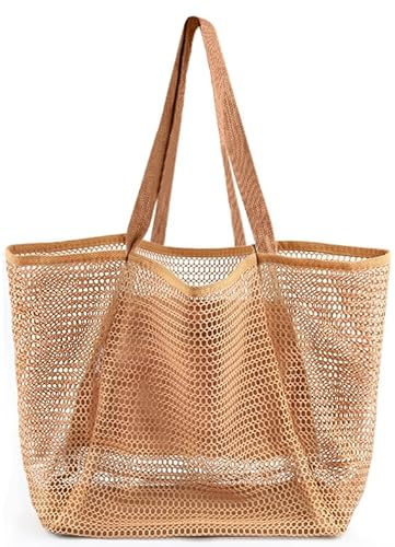 HOHOM Beach Bags for Women, Summer Travel Mesh Tote Bag with Large Inner Pocket, Sandproof Woven Shoulder Handbag Swim Pool Bag, Suit for Family Vacation Essentials
