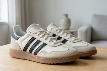 A pair of stylish adidas Women's Run 70s 2.0 sneakers displayed on a wooden surface.