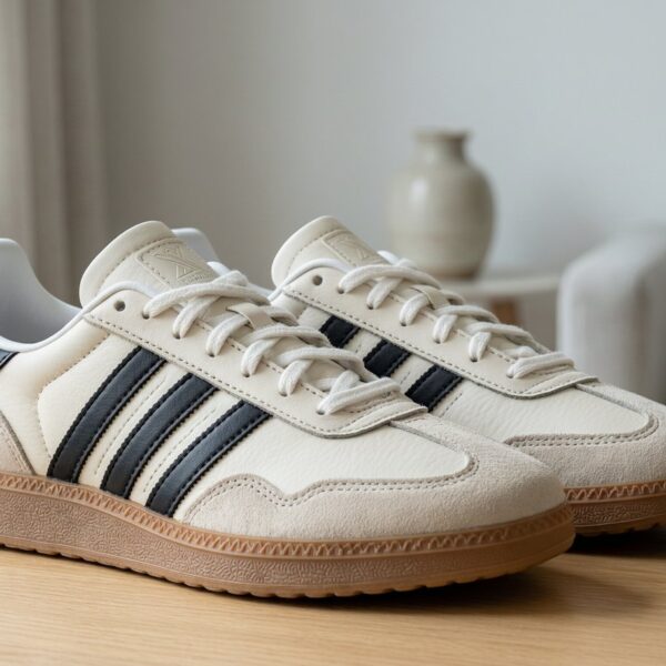 A pair of stylish adidas Women's Run 70s 2.0 sneakers displayed on a wooden surface.