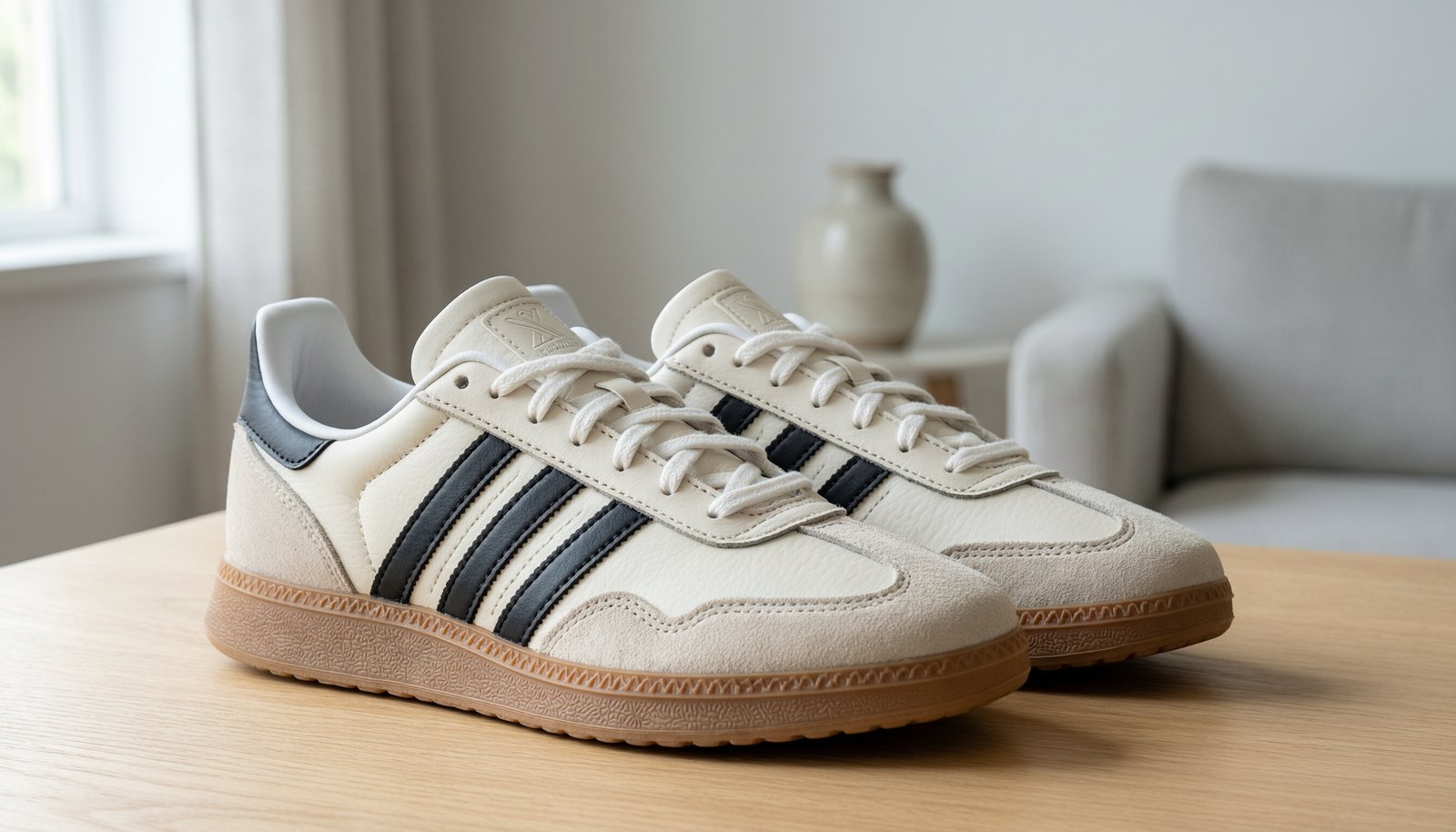 A pair of stylish adidas Women's Run 70s 2.0 sneakers displayed on a wooden surface.