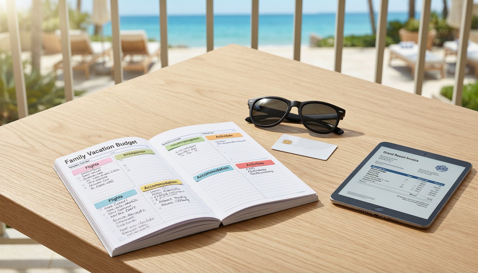 Travel planning materials for a Florida family beach resort stay on a table.