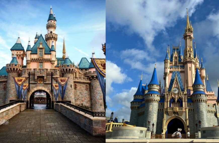 A visual comparison between the distinct scales of Disneyland and Walt Disney World.