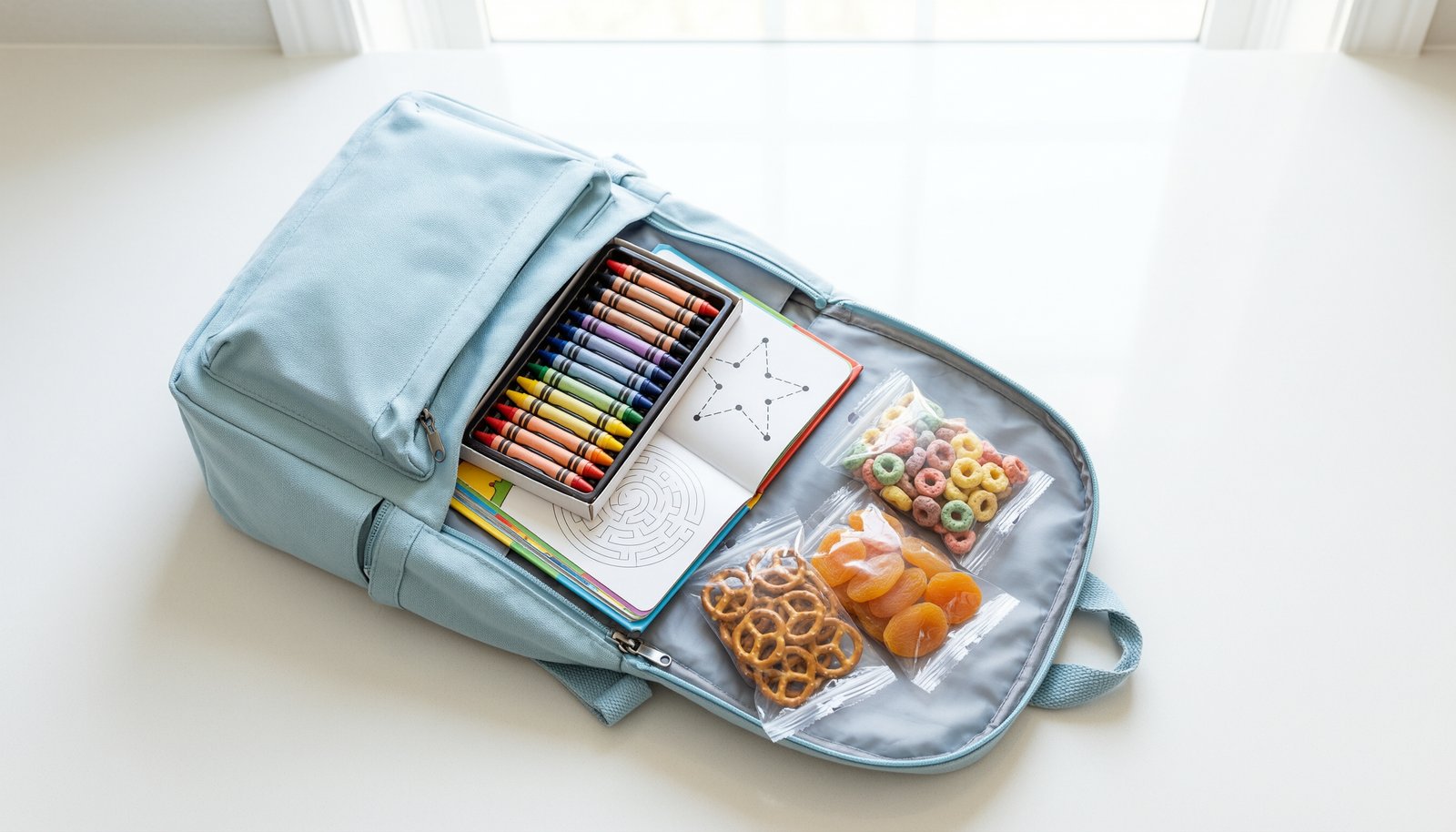 Travel essentials for kids are laid out next to a small backpack.