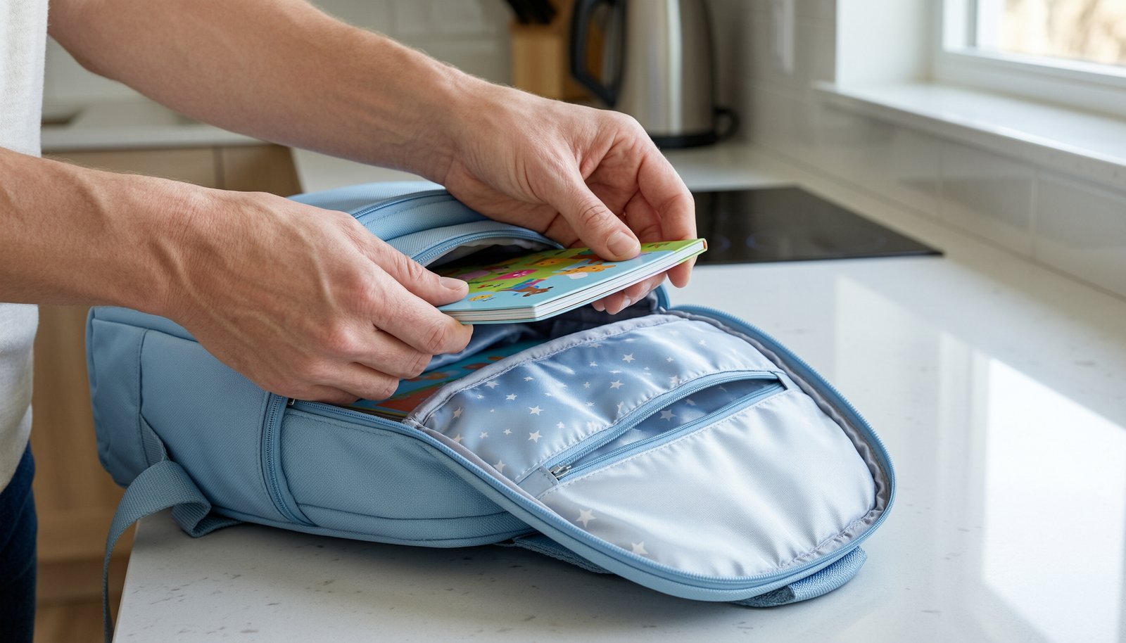 Hands carefully packing an activity book into a small travel backpack.