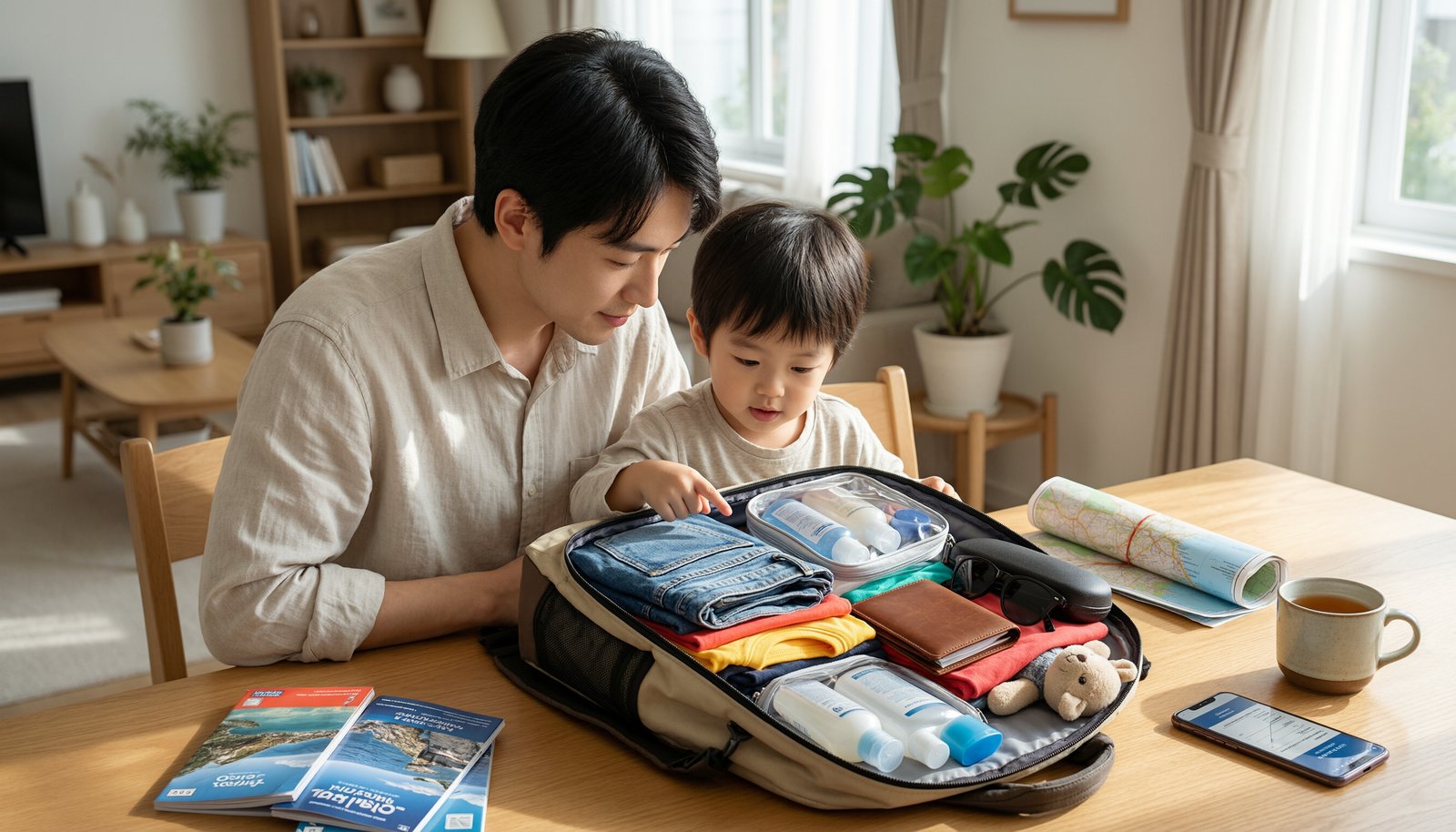 A parent and child preparing a holiday travel pack for kids together.