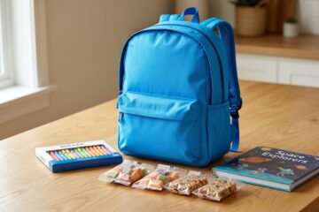 An organized holiday travel pack for kids sits on a wooden table.