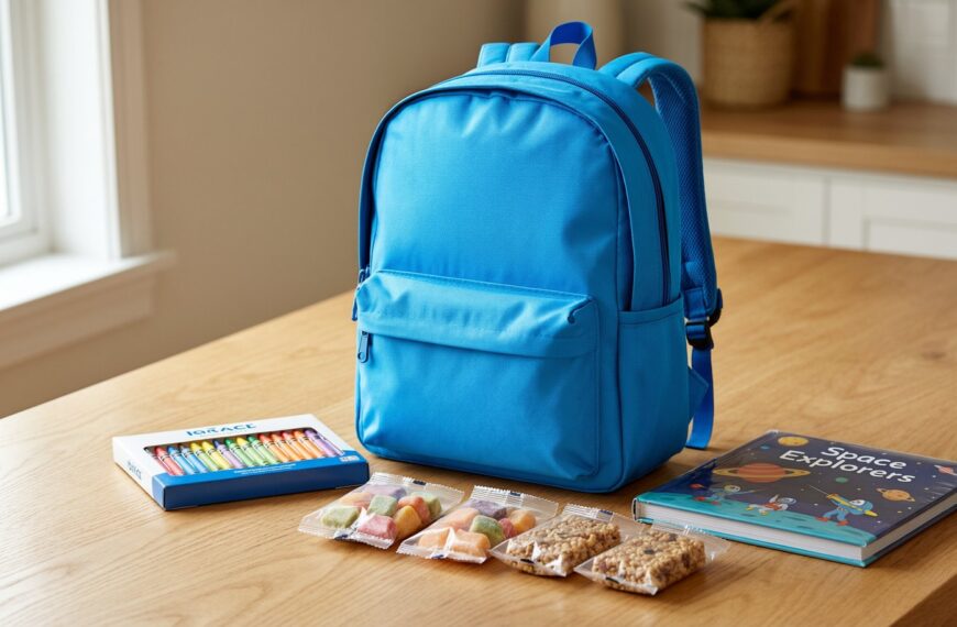 An organized holiday travel pack for kids sits on a wooden table.