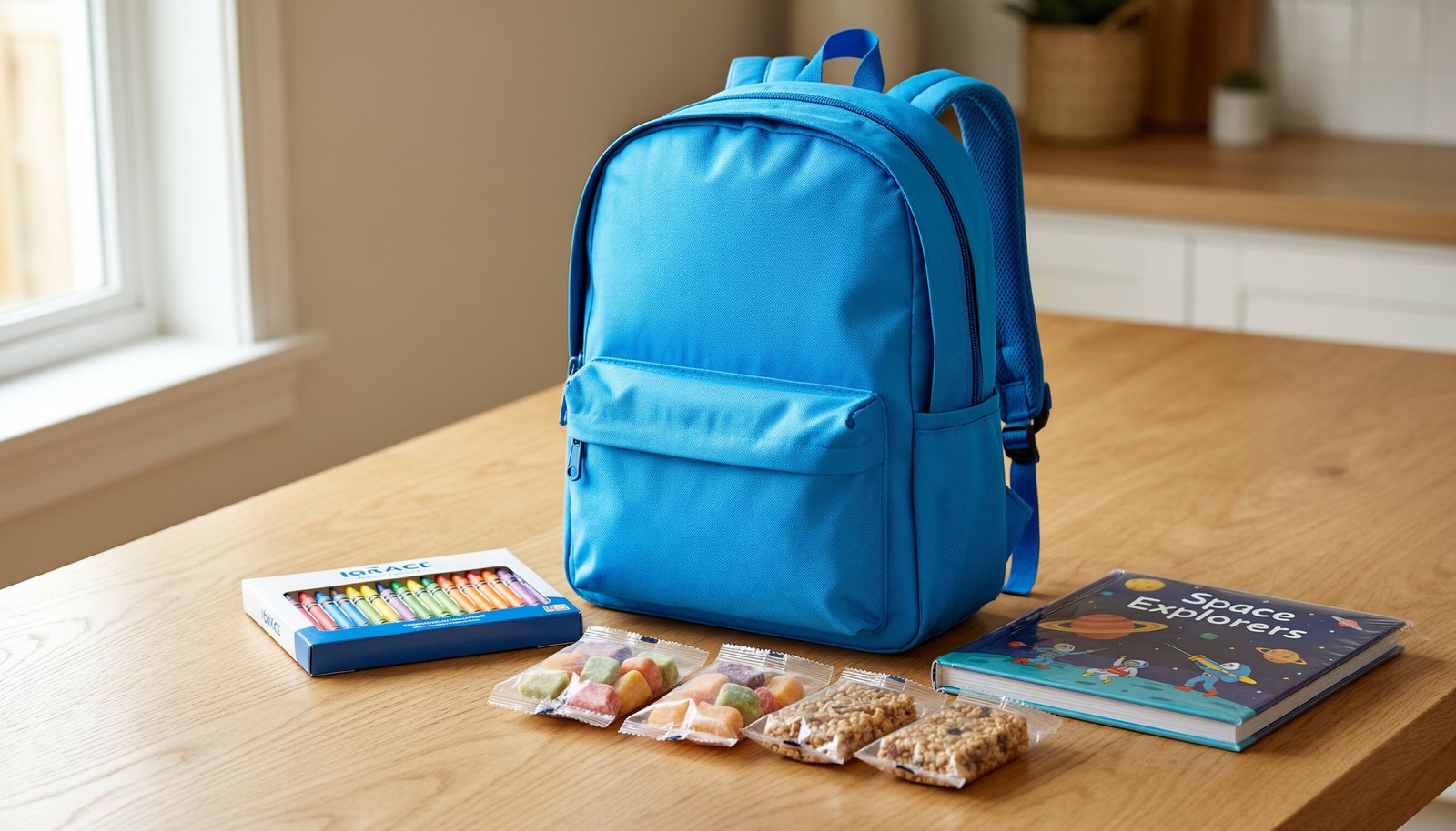 An organized holiday travel pack for kids sits on a wooden table.