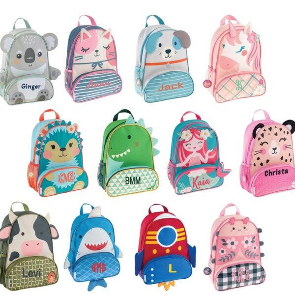 A variety of cute animal-themed toddler backpacks displayed in a bright, modern nursery.