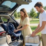 A young family preparing their car for a safe newborn road trip.