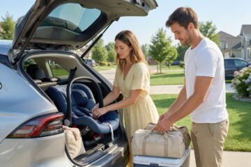 A young family preparing their car for a safe newborn road trip.