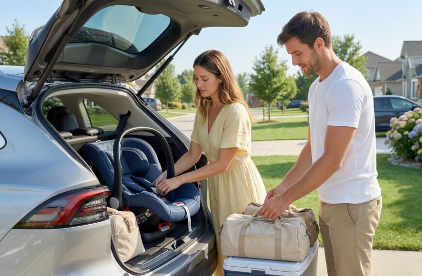 A young family preparing their car for a safe newborn road trip.