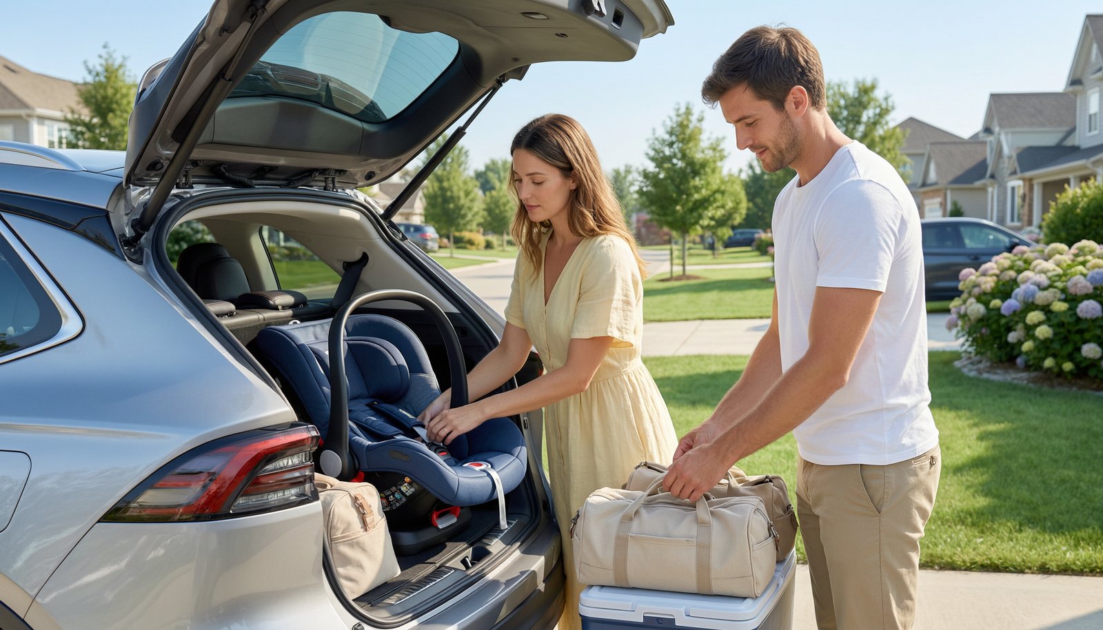 A young family preparing their car for a safe newborn road trip.