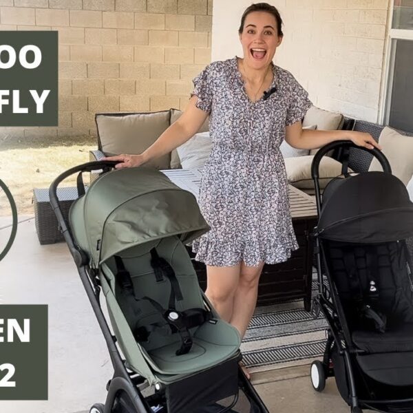 A Bugaboo Butterfly and a Babyzen Yoyo stroller compared side by side outdoors.