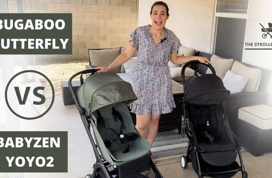 A Bugaboo Butterfly and a Babyzen Yoyo stroller compared side by side outdoors.