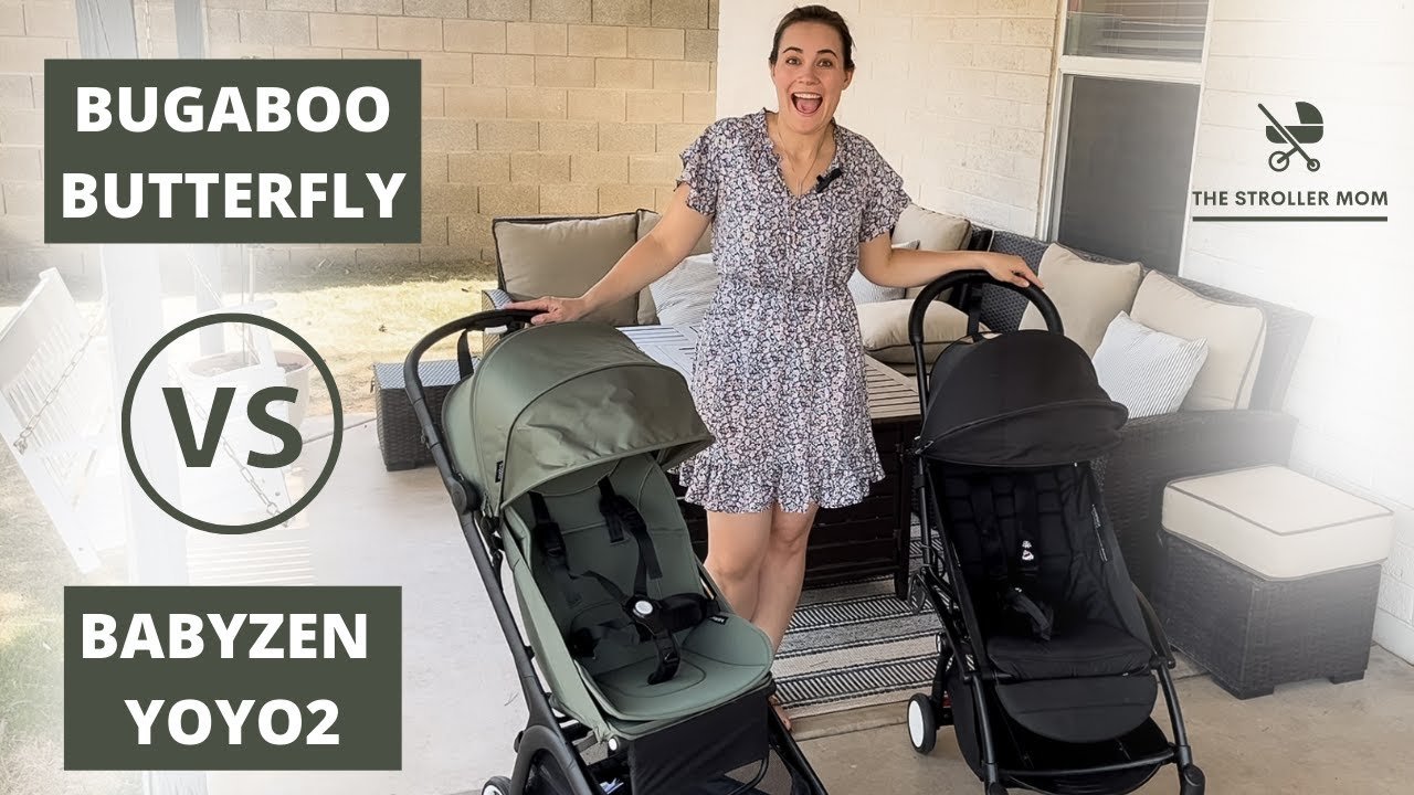 A Bugaboo Butterfly and a Babyzen Yoyo stroller compared side by side outdoors.