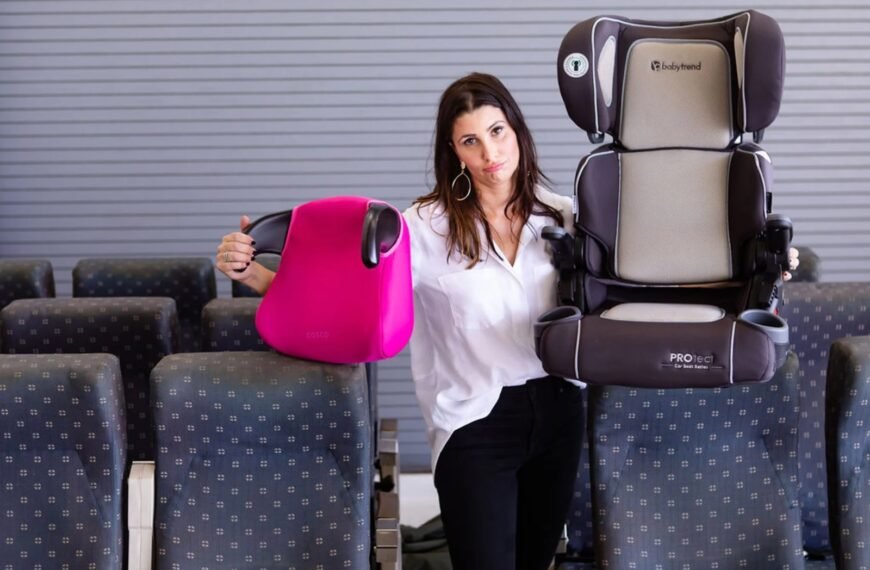 Car seat beside padded travel bag ready for flight protection