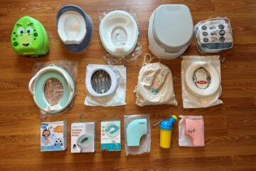 Compact travel potty for toddlers on a bathroom counter.