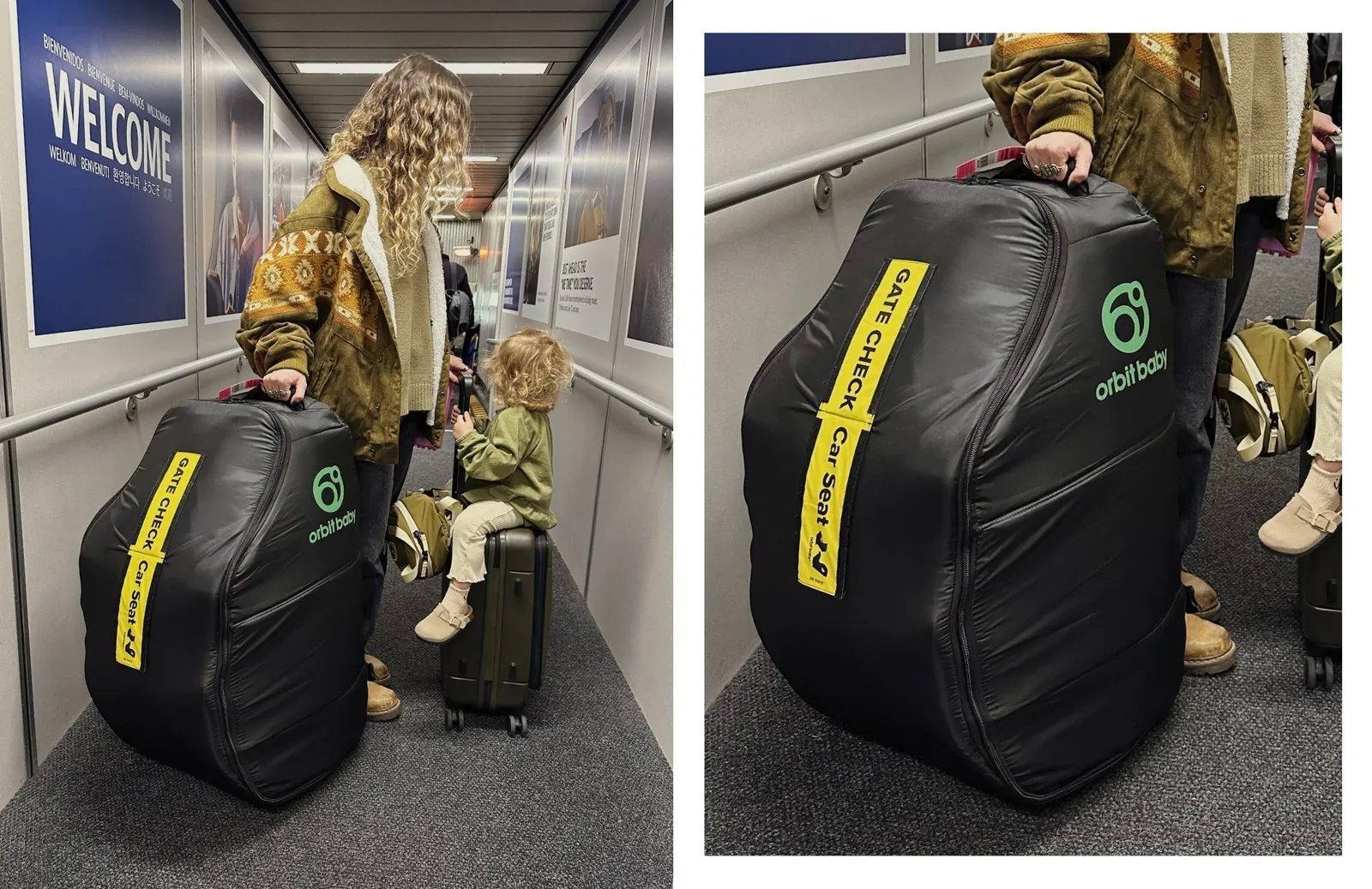 Infant carrier, convertible seat and backless booster on jet bridge