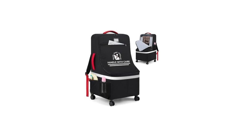 Padded car seat travel bag with wheels standing in a bright airport terminal