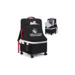 Padded car seat travel bag with wheels standing in a bright airport terminal