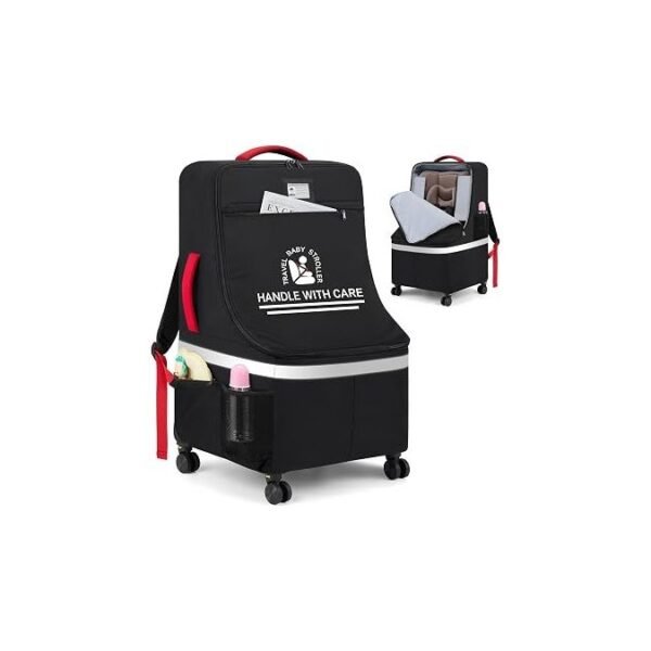 Padded car seat travel bag with wheels standing in a bright airport terminal