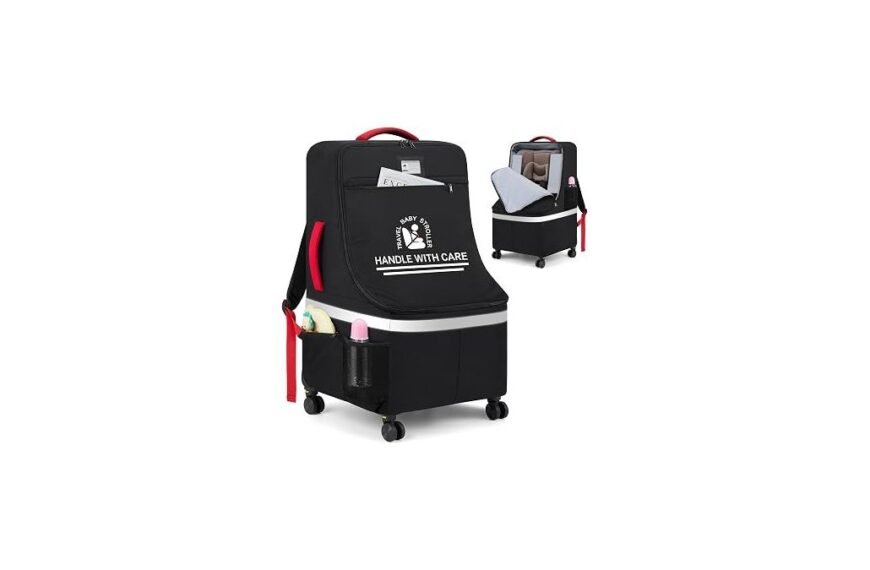 Padded car seat travel bag with wheels standing in a bright airport terminal