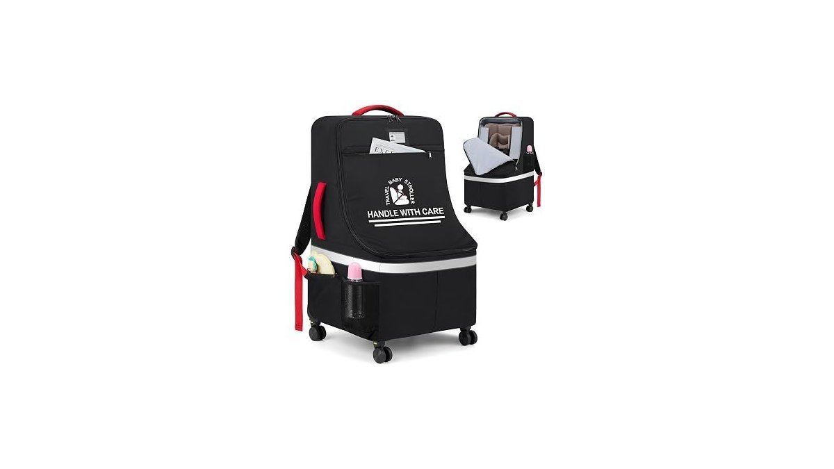 Padded car seat travel bag with wheels standing in a bright airport terminal
