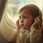 Toddler wearing blue over-ear headphones on an airplane flight