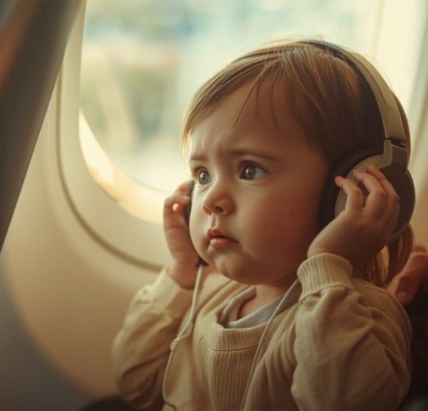 Toddler wearing blue over-ear headphones on an airplane flight