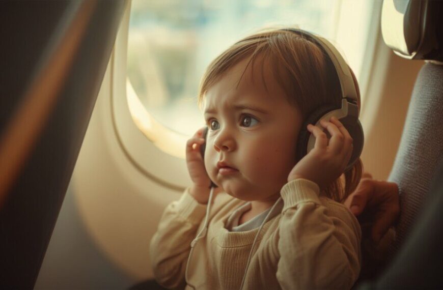 Toddler wearing blue over-ear headphones on an airplane flight