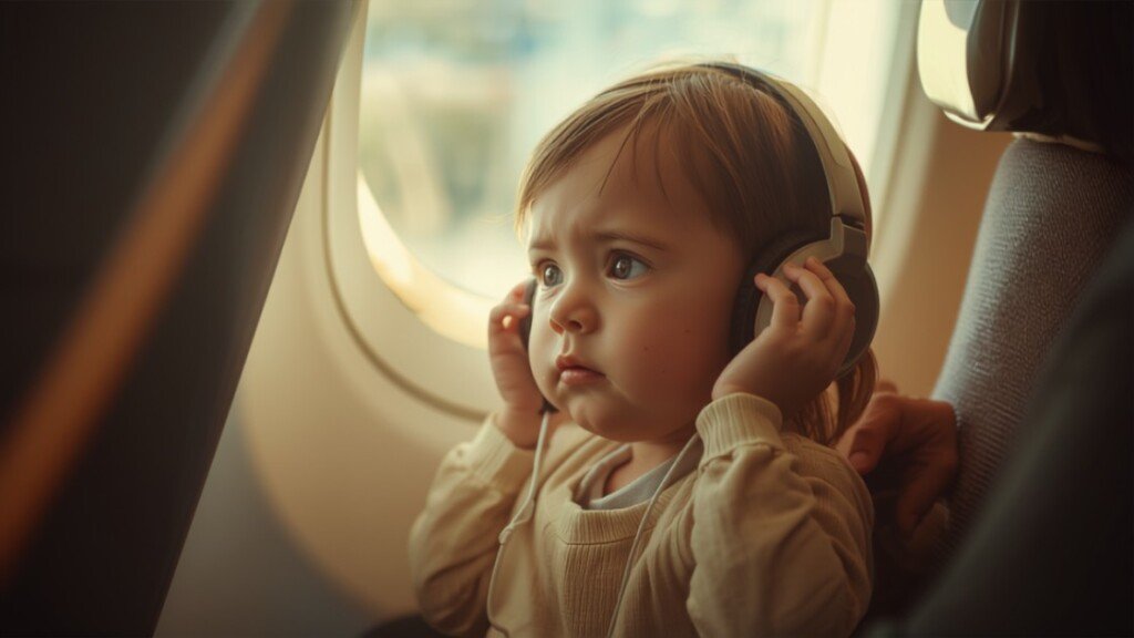 Toddler wearing blue over-ear headphones on an airplane flight